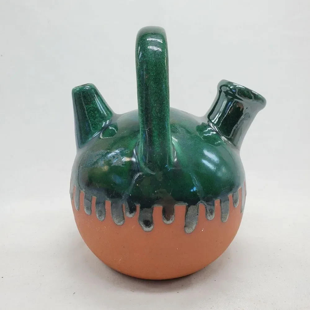 French Clay Terracotta Green Drip Glazed Gargoulette Pottery 10 x 7 liquor Jug..